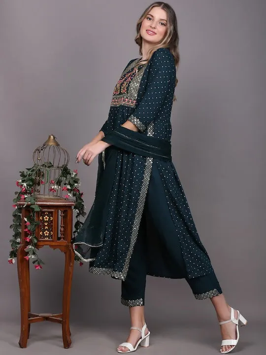 Women Blue Ethnic Motifs Embroidered Pleated Kurta With Trousers & With Dupatta