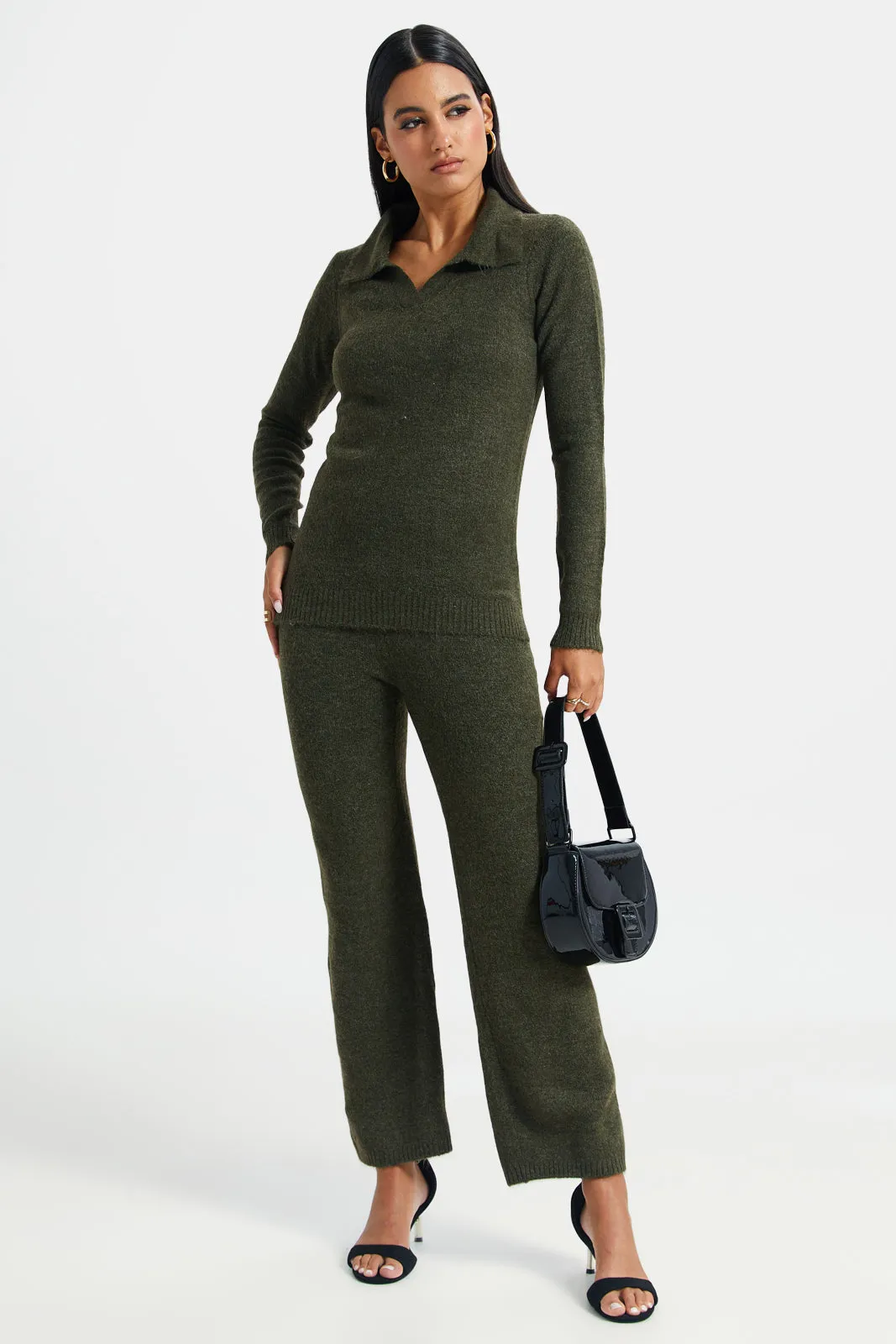 Women Olive Wide Leg With Elastic Waistband Trouser