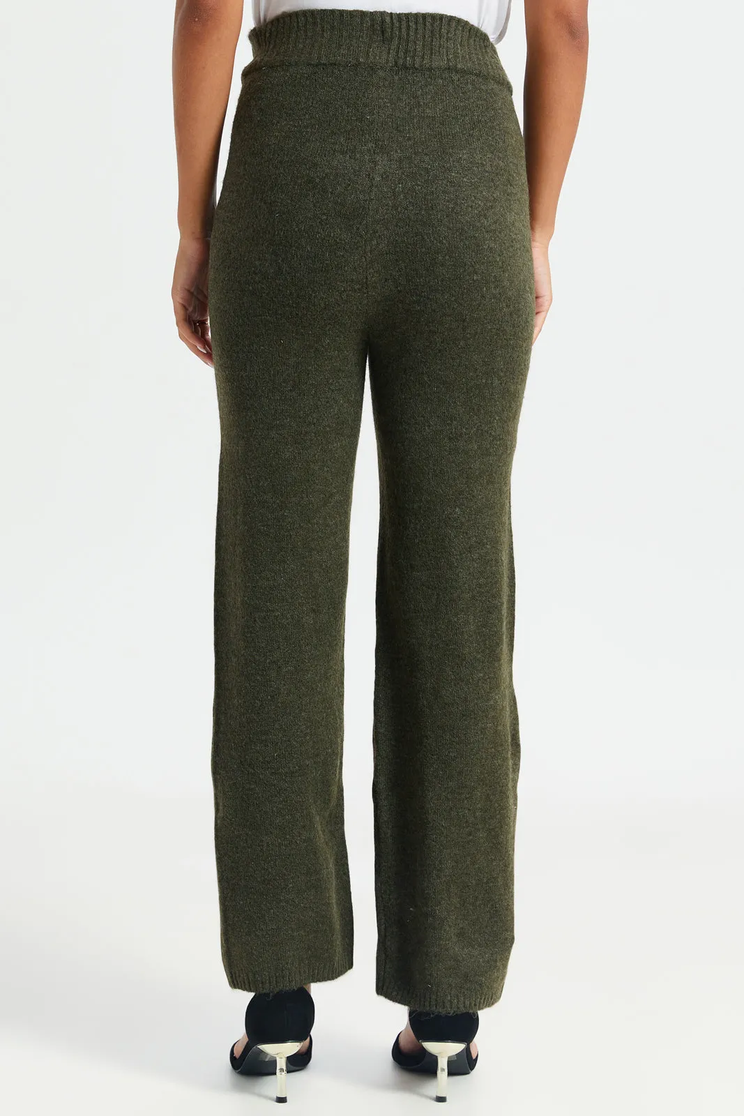 Women Olive Wide Leg With Elastic Waistband Trouser