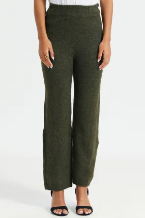 Women Olive Wide Leg With Elastic Waistband Trouser