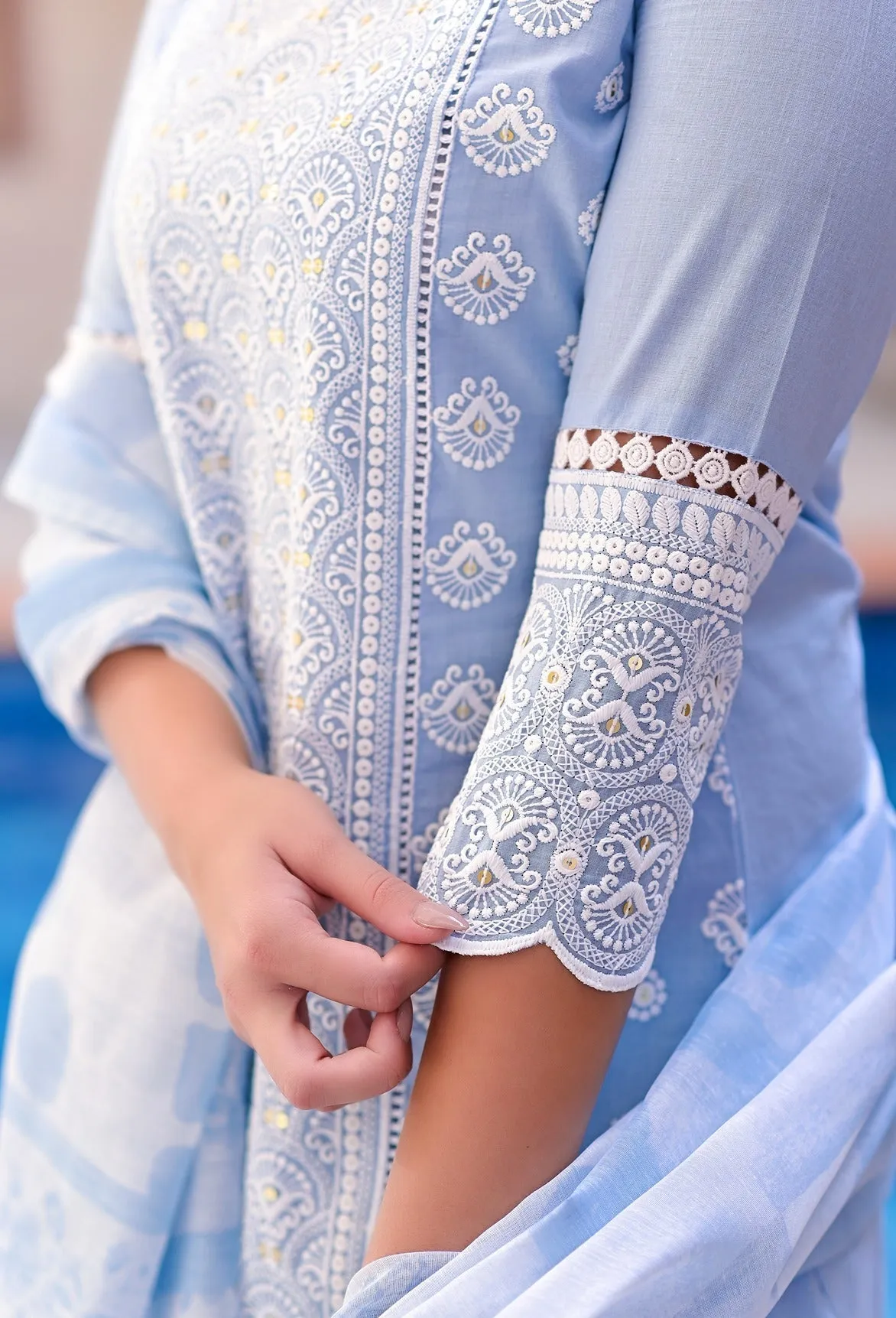 Women Sky Blue Embroidery Kurta With Trousers & Dupatta