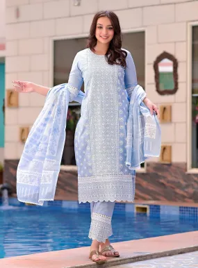 Women Sky Blue Embroidery Kurta With Trousers & Dupatta