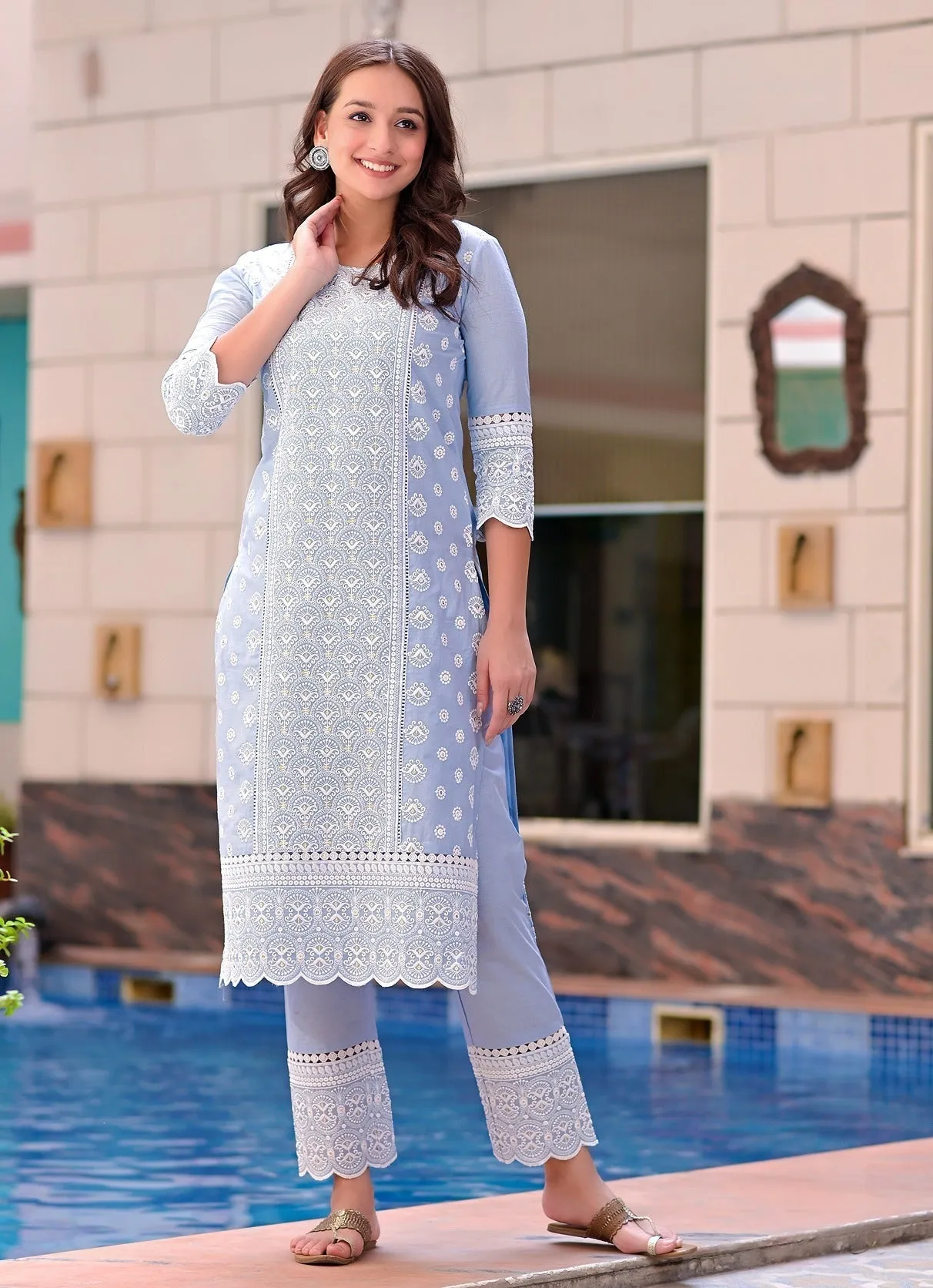 Women Sky Blue Embroidery Kurta With Trousers & Dupatta