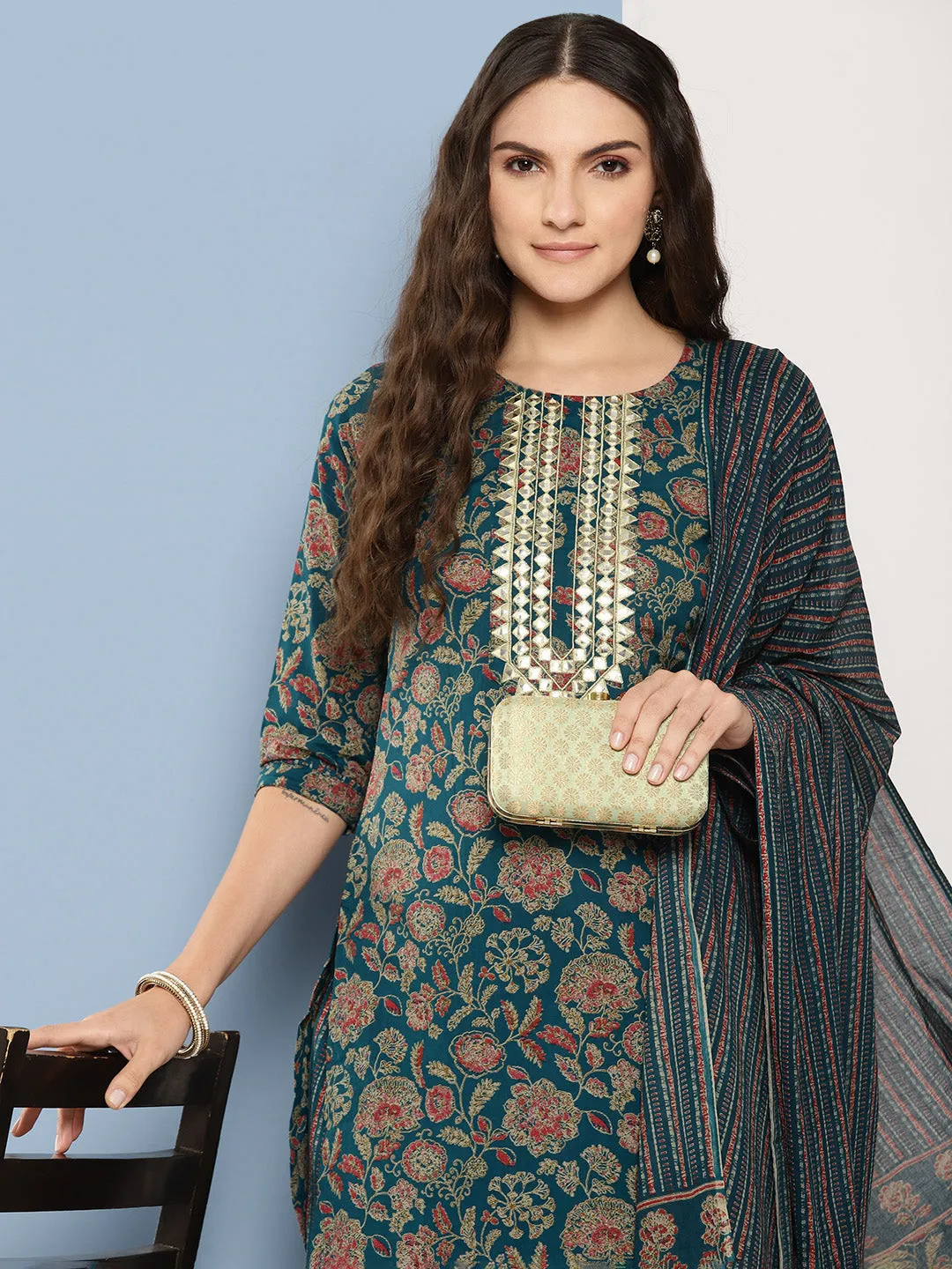 Women Teal Pure Cotton Kurta Set With Dupatta