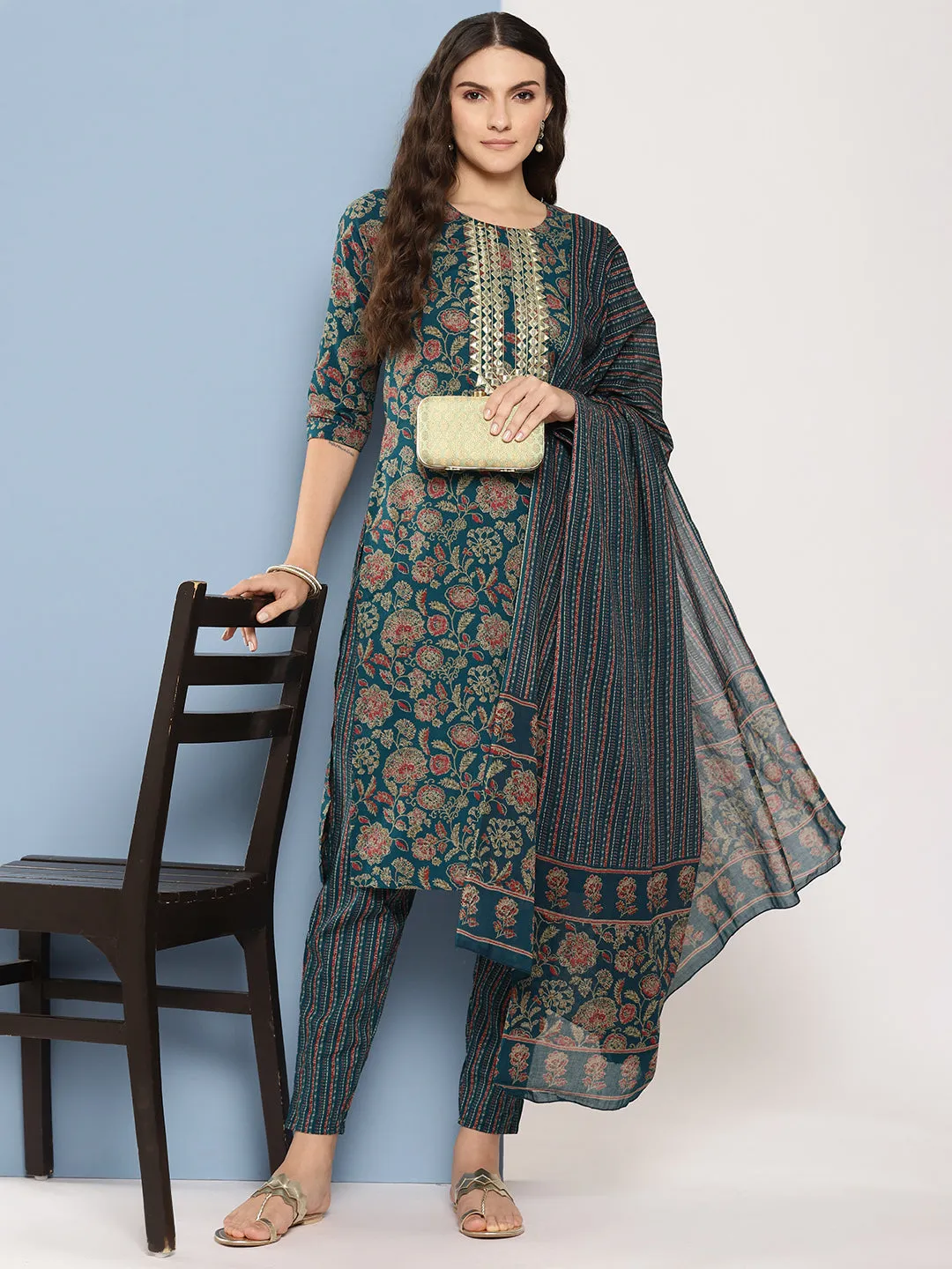 Women Teal Pure Cotton Kurta Set With Dupatta