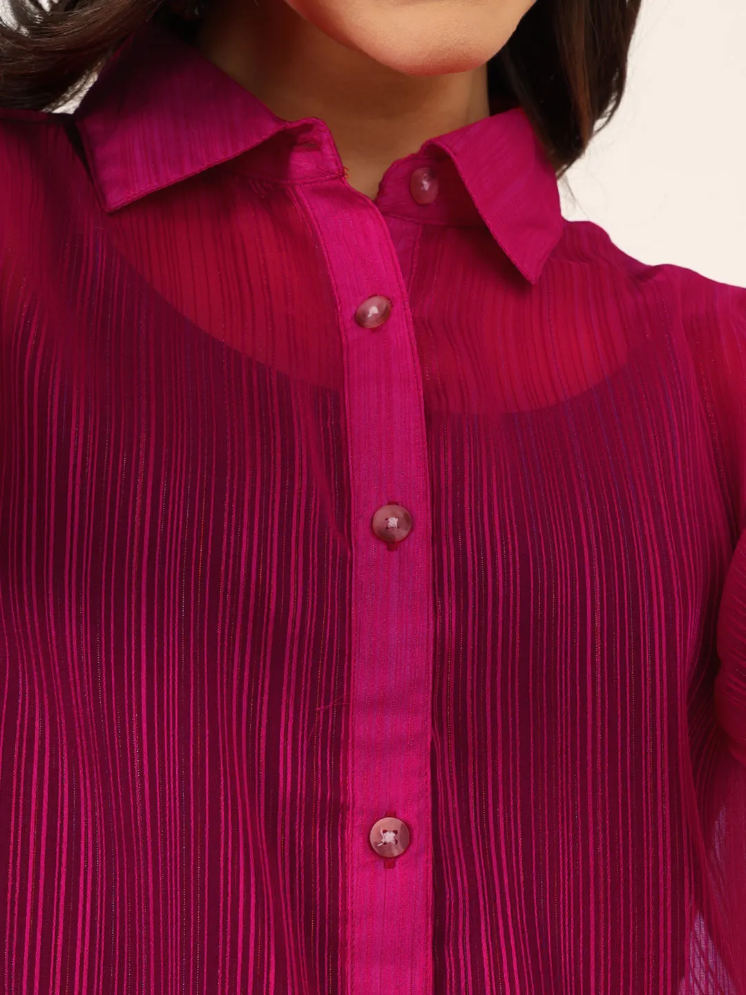 Women Vertical Stripes Semi Sheer Pink Shirt