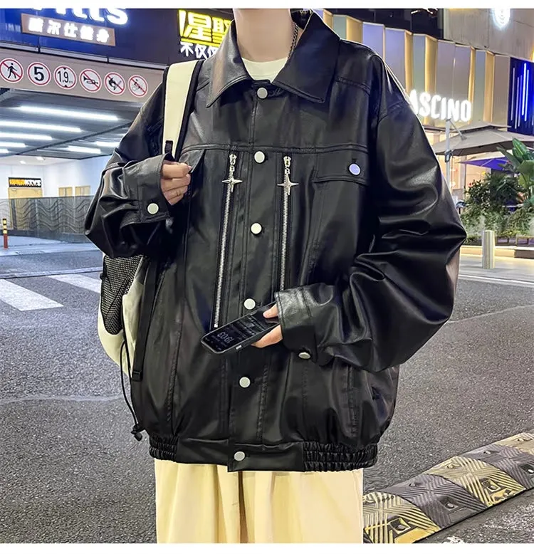 XINGX Zipper Parka PU Leather Jacket Men's High Street Hip Hop Street Locomotive Style Loose Lapels Casual Leather Coat