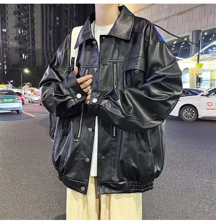 XINGX Zipper Parka PU Leather Jacket Men's High Street Hip Hop Street Locomotive Style Loose Lapels Casual Leather Coat