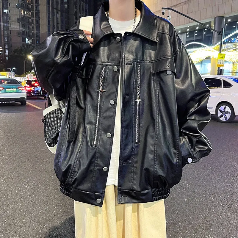 XINGX Zipper Parka PU Leather Jacket Men's High Street Hip Hop Street Locomotive Style Loose Lapels Casual Leather Coat