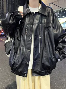 XINGX Zipper Parka PU Leather Jacket Men's High Street Hip Hop Street Locomotive Style Loose Lapels Casual Leather Coat