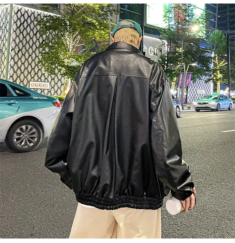 XINGX Zipper Parka PU Leather Jacket Men's High Street Hip Hop Street Locomotive Style Loose Lapels Casual Leather Coat